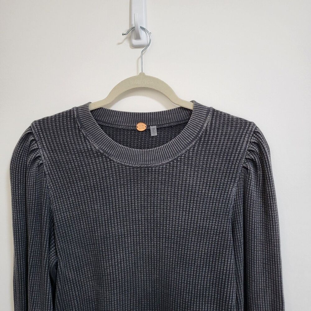 FREE PEOPLE FP One Tasha Thermal Top Women S Black Grey Waffle Knit Lace Up Cuff - Picture 2 of 8
